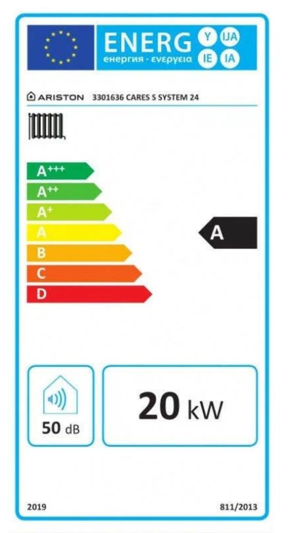 A Cares S System 24 energiacímkéje: A fűtési energiaosztály, 20 kW, 50 dB